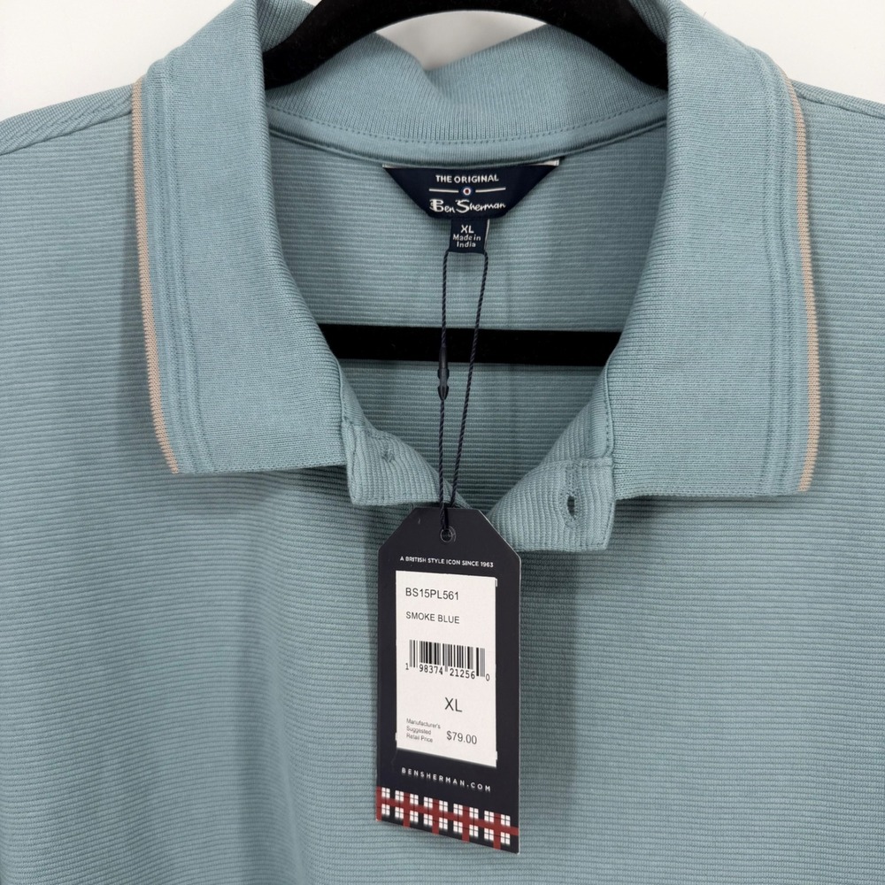 Ben Sherman Cotton Blend Polo Shirt Mens XL Smoke Blue New Textured Short Sleeve - Picture 4 of 7